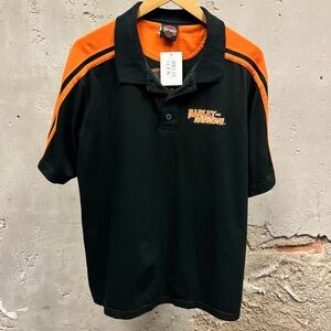 Harley Davidson Black Orange Polo Button Short Sleeve Knit Shirt Large L Biker